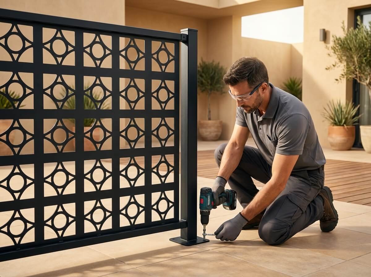 Persona adulta ensamblando un barandal modular de acero